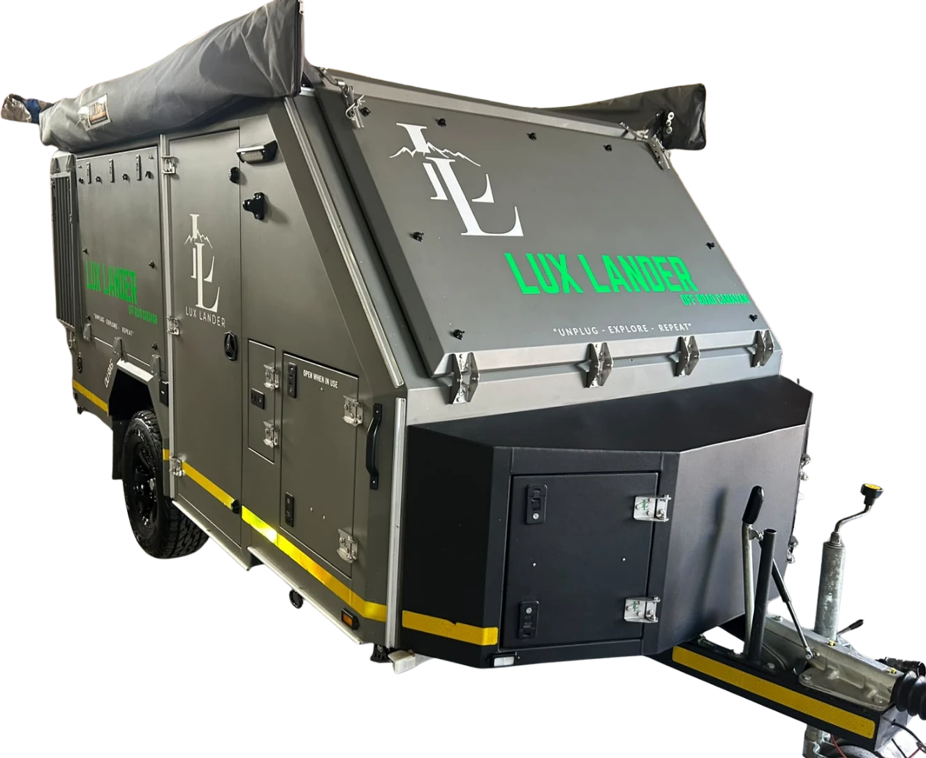 Lux Lander X4 off road caravan, front three quarter view
