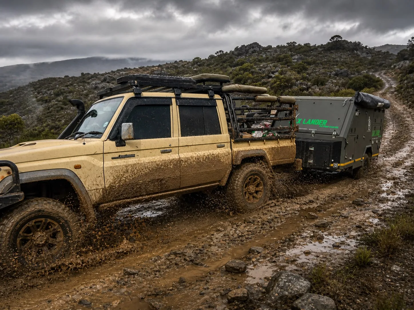Lux Lander X4 on tow along a muddy mountain track
